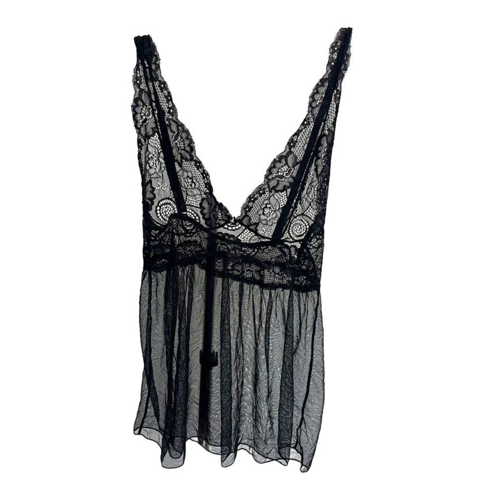 Y2K Black Mesh Lace Lingerie Babydoll Top Sheer Whimsigoth‎ Measures Size XS